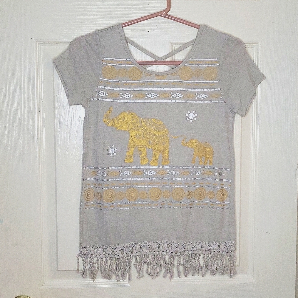 Short Sleeve Cross Back Fringed Elephant Graphic Blouse Size L